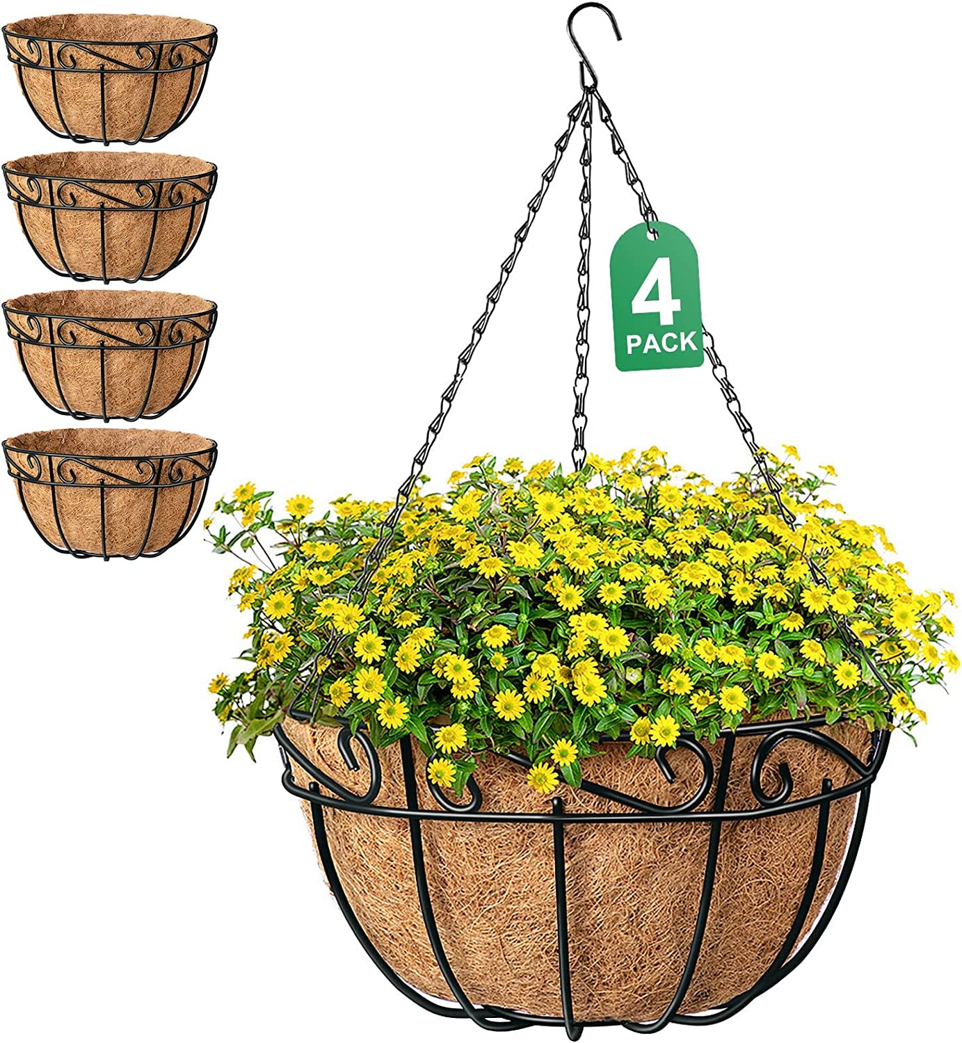 4 Pack 12 Inch Hanging Baskets for Plants Flowers Planter Metal Outdoor Indoor round Wire with Plant Pots Hanger Garden Christmas Decoration Black Basket121