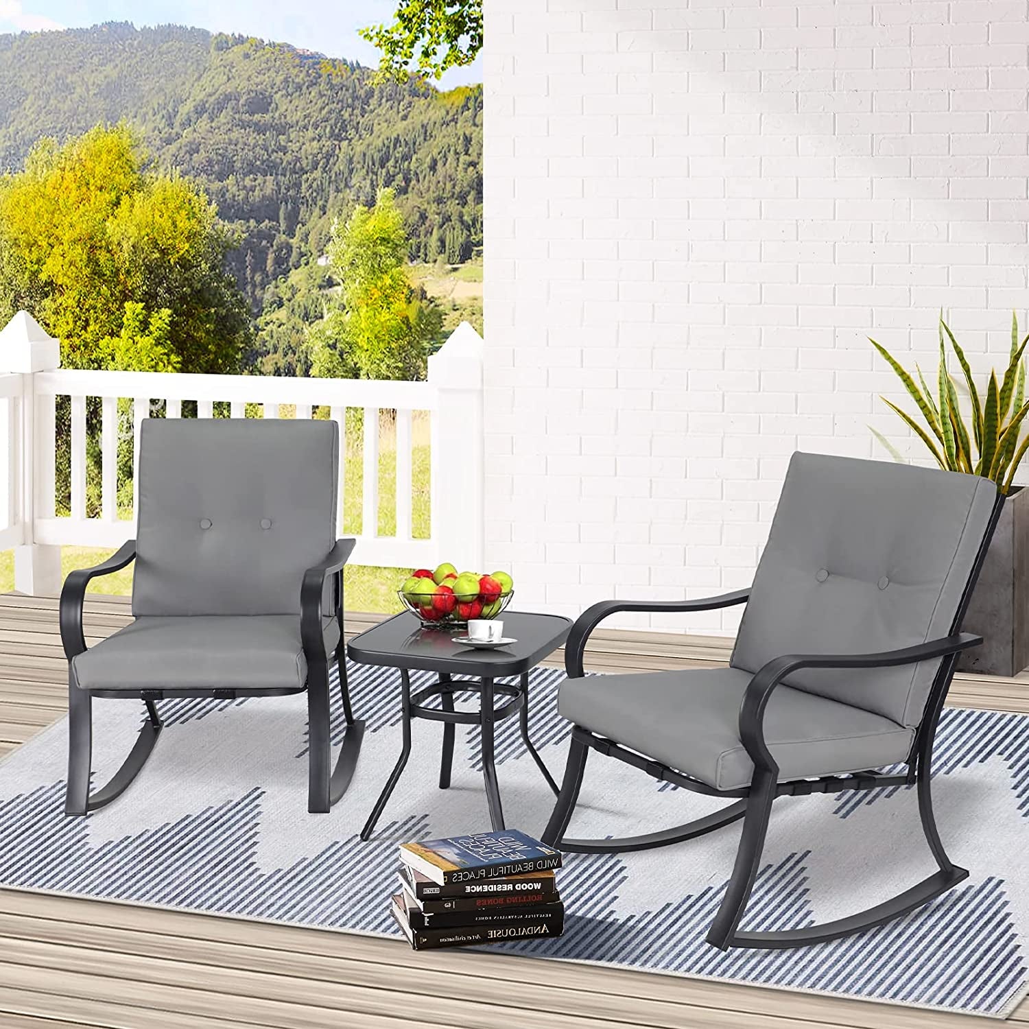 3-Piece Outdoor Rocking Chairs Bistro Set, Black Iron Patio Furniture with Gray Thickened Cushion & Glass-Top Coffee Table