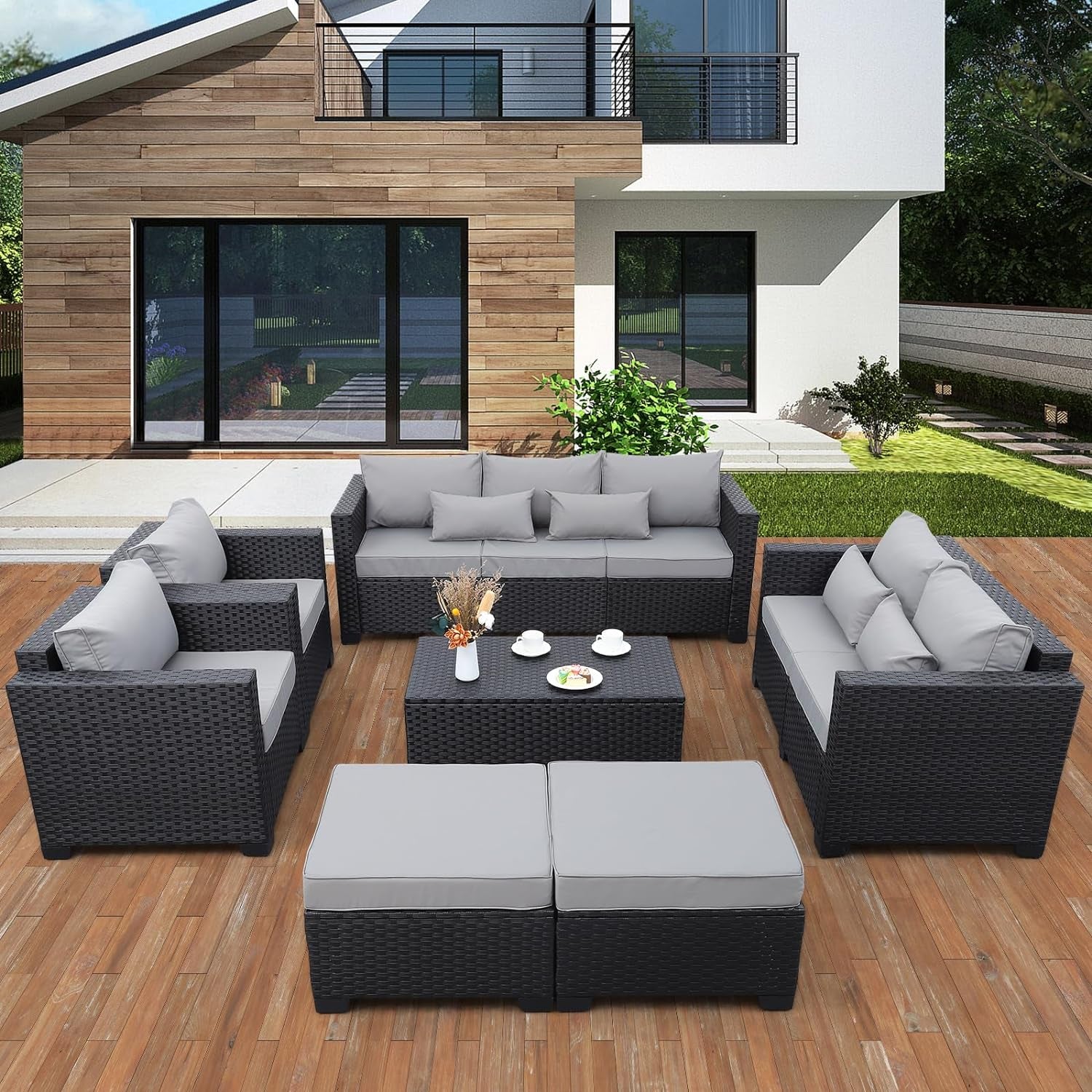 Patio Furniture Sets 7 Pieces Outdoor Furniture Sectional Patio Couches Set Storage Table No-Slip Grey Cushions and Waterproof Covers
