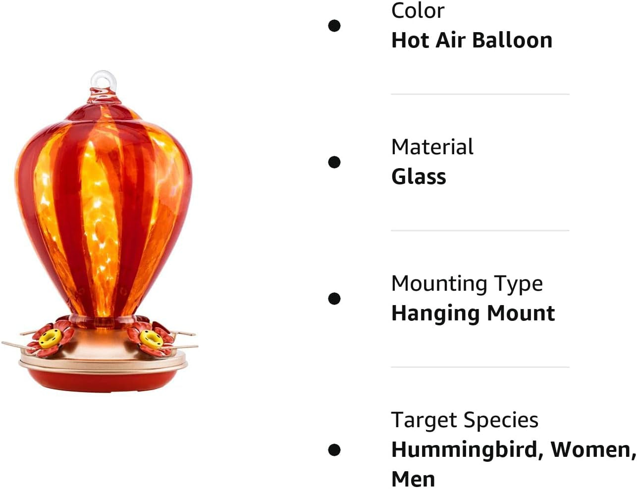 Hummingbird Feeder, 34OZ Hand Blown Glass Hummingbird Feeders for Outdoors Hanging, 4 Feeding Perch with Ant Moat Hook, Garden Yard Decor Gifts for Women Mom (Hot Air Balloon)